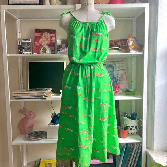 ***SOLD*** Vintage 70’s Malia Honolulu Mushroom Print Sun Dress Green - Picture 1 of 4